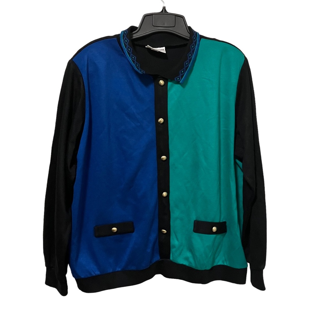 Vintage Color Block Blue Green Black Collared Sweater Top